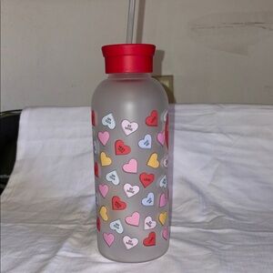 Frosted Heart Pattern Glass Water Bottle - Red Lid/straw 25 oz